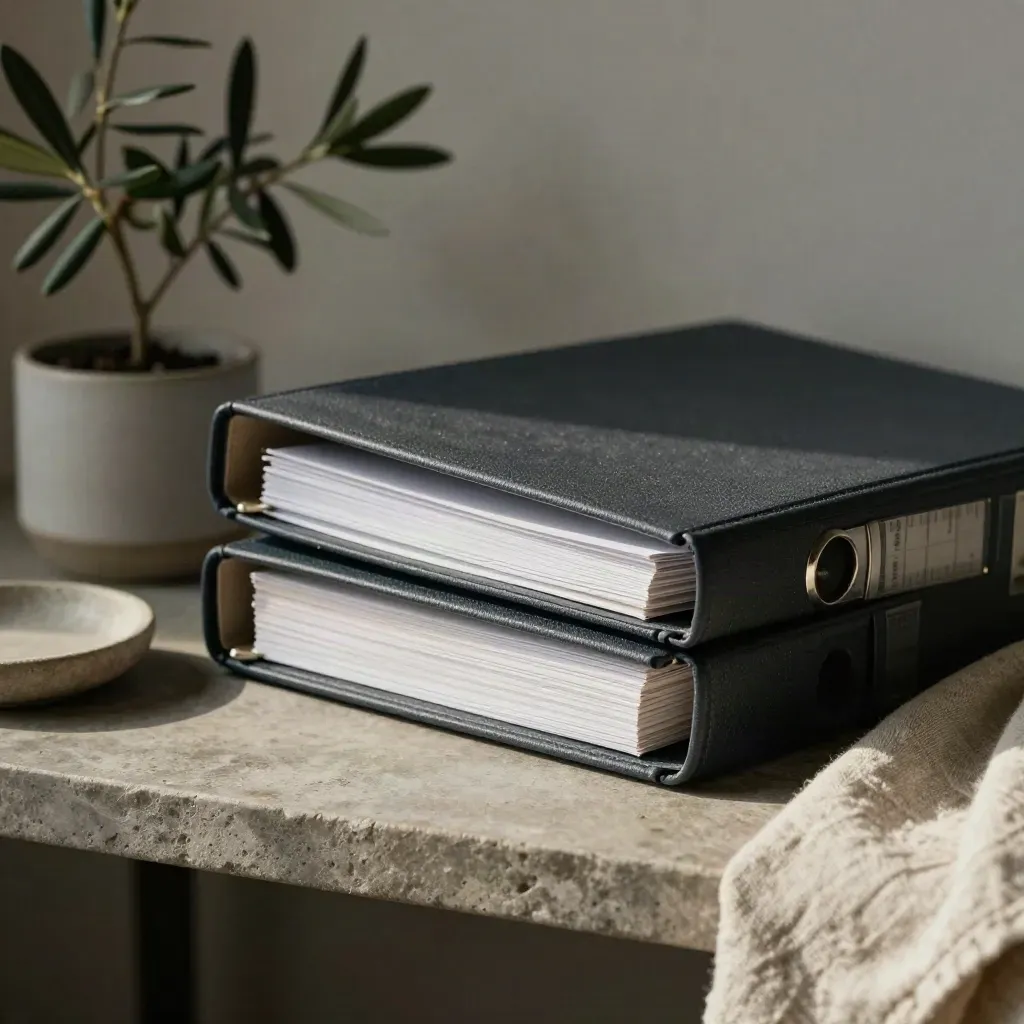 Halvöppen kontobinder på stenhylle med olivplanta, linnetyg och skål.